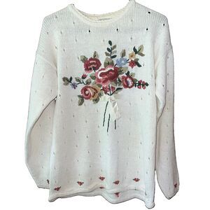 Vintage Y2K Capacity Floral Embroidered Sweater Cottagecore Knit Small